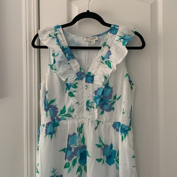 J. Crew Factory Printed V-neck smocked midi dress size 6 white blue pockets - Picture 3 of 15